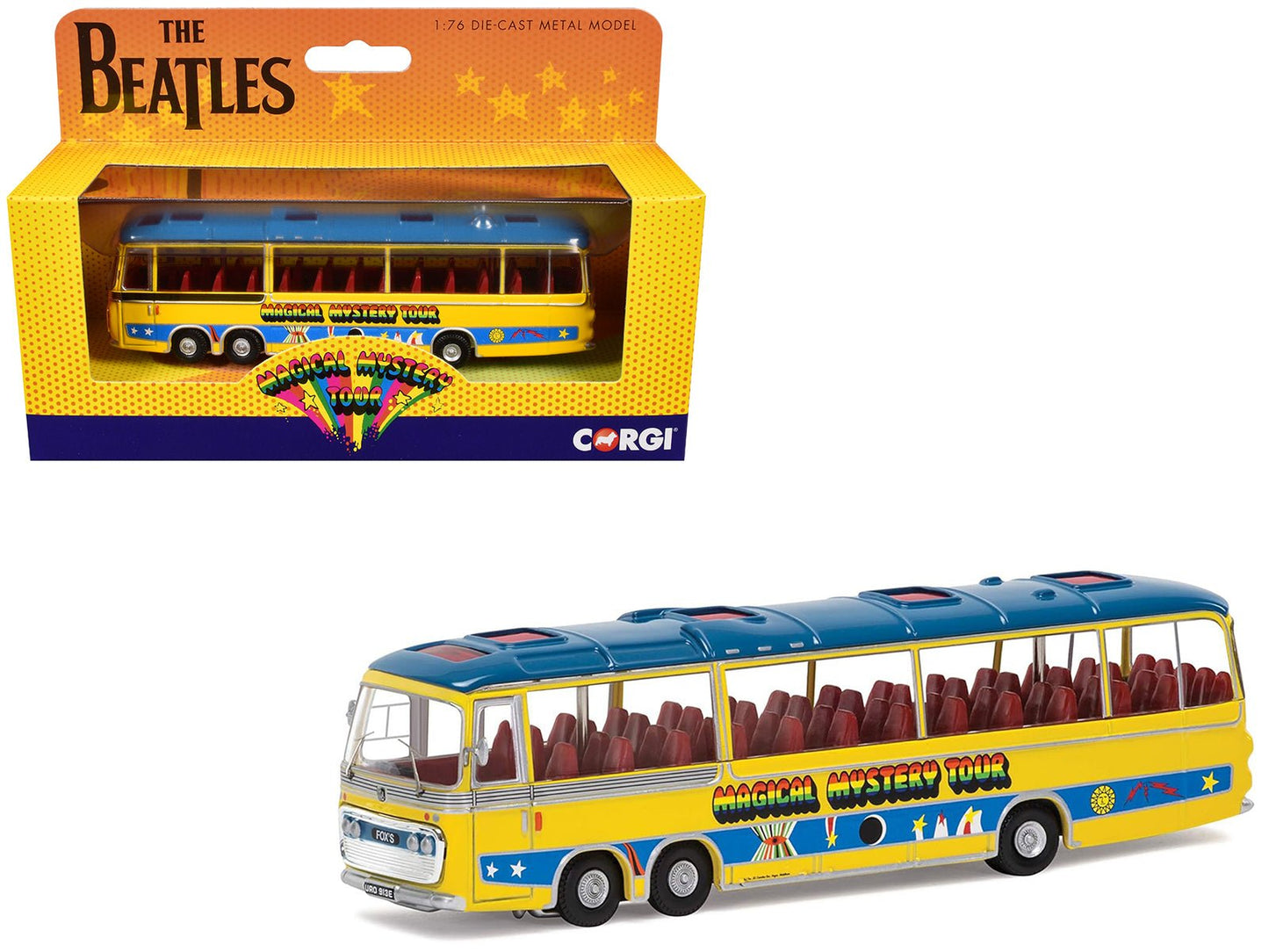 The Beatles "Magical Mystery Tour" Bus Yellow with Blue Top and Graphics Diecast Model Car by Corgi free shipping USA