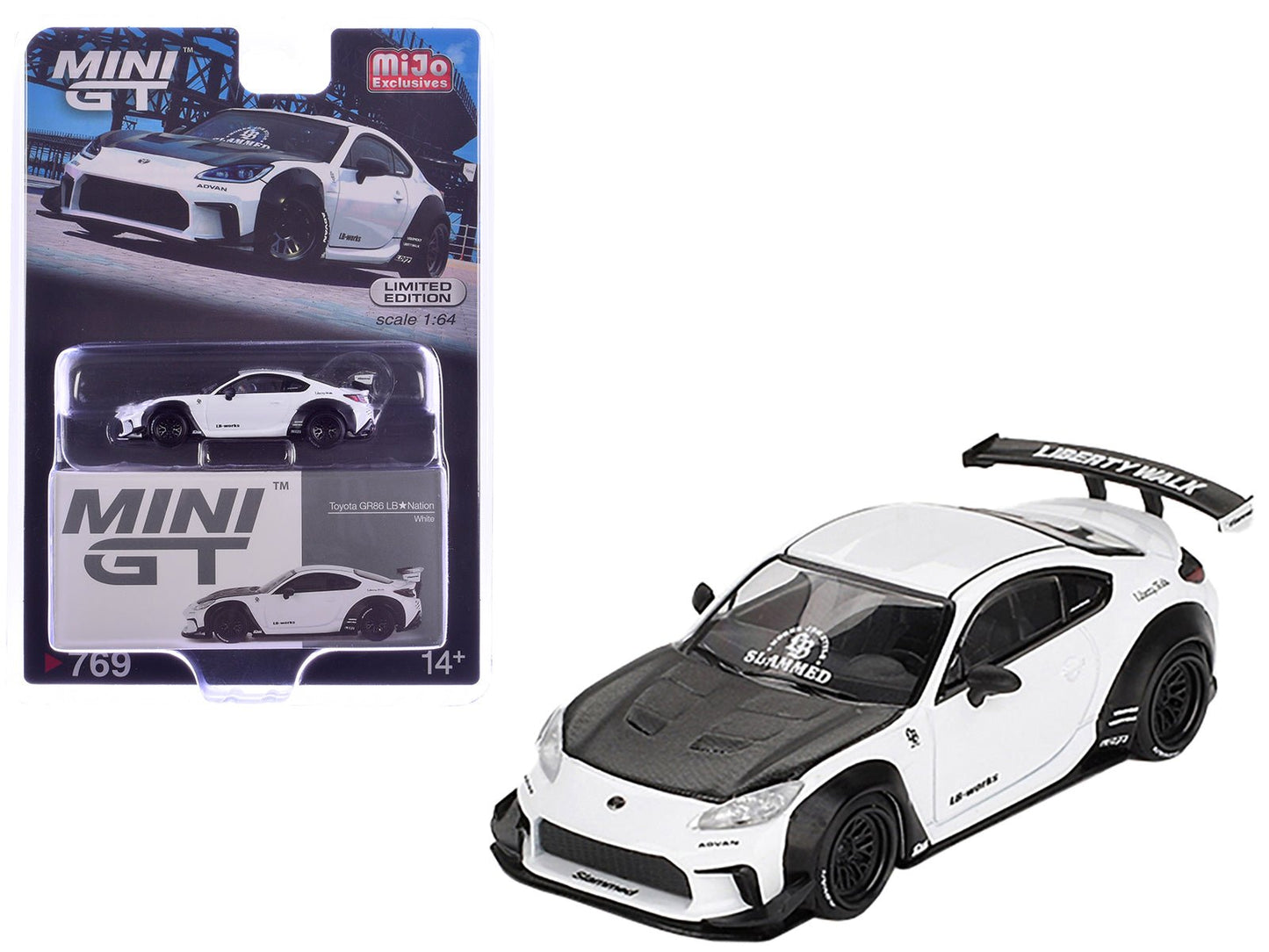 Toyota GR86 "LB-Nation - Liberty Walk" White with Carbon Hood Limited Edition 1/64 Diecast Model Car by Mini GT free shipping USA