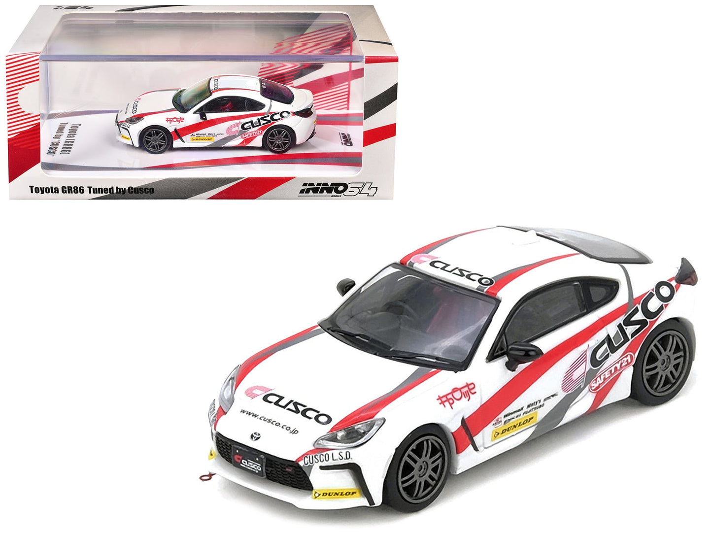 Toyota GR86 Tuned by "CUSCO" RHD (Right Hand Drive) White with Red and Gray Stripes 1/64 Diecast Model Car by Inno Models free shipping USA