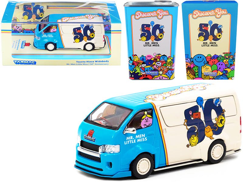 Toyota Hiace Widebody Van "Mr. Men Little Miss 50th Anniversary" (1971-2021) with METAL OIL CAN 1/64 Diecast Model Car by Tarmac Works free shipping USA