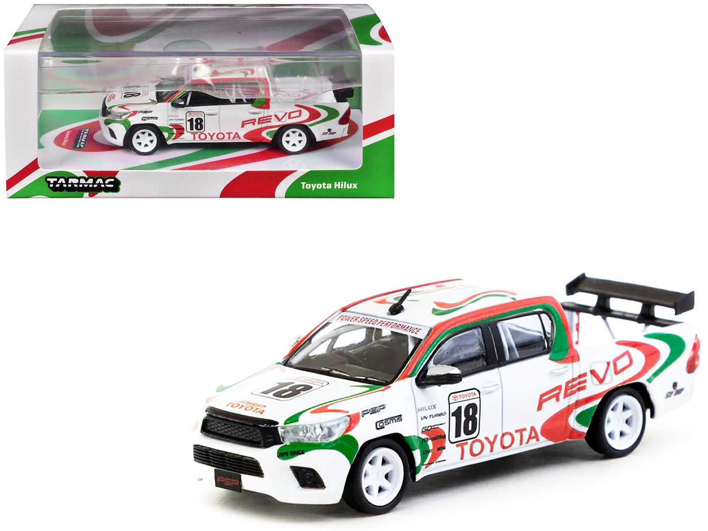 Toyota Hilux Pickup Truck RHD (Right Hand Drive) #18 White with Red and Green Graphics "Hobby64" Series 1/64 Diecast Model Car by Tarmac Works free shipping USA