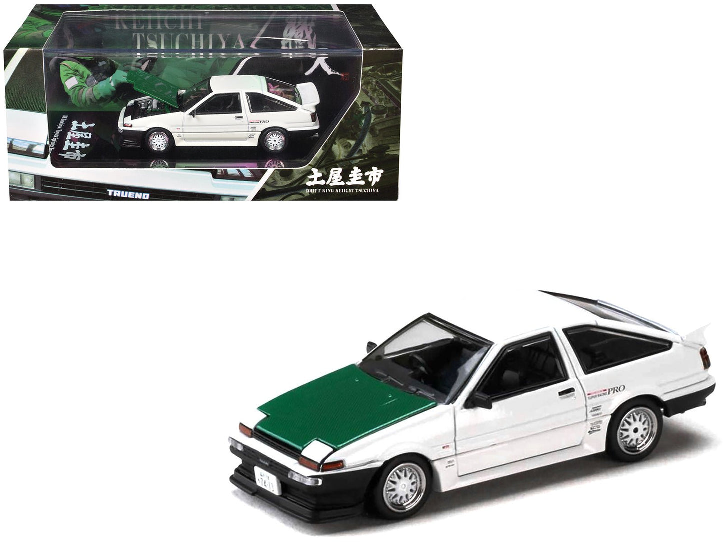 Toyota Sprinter Trueno (AE86) RHD (Right Hand Drive) "Keiichi Tsuchiya - Dori Dori Mesh Wheels" White with Green Carbon Hood 1/64 Diecast Model Car by Hobby Japan free shipping USA