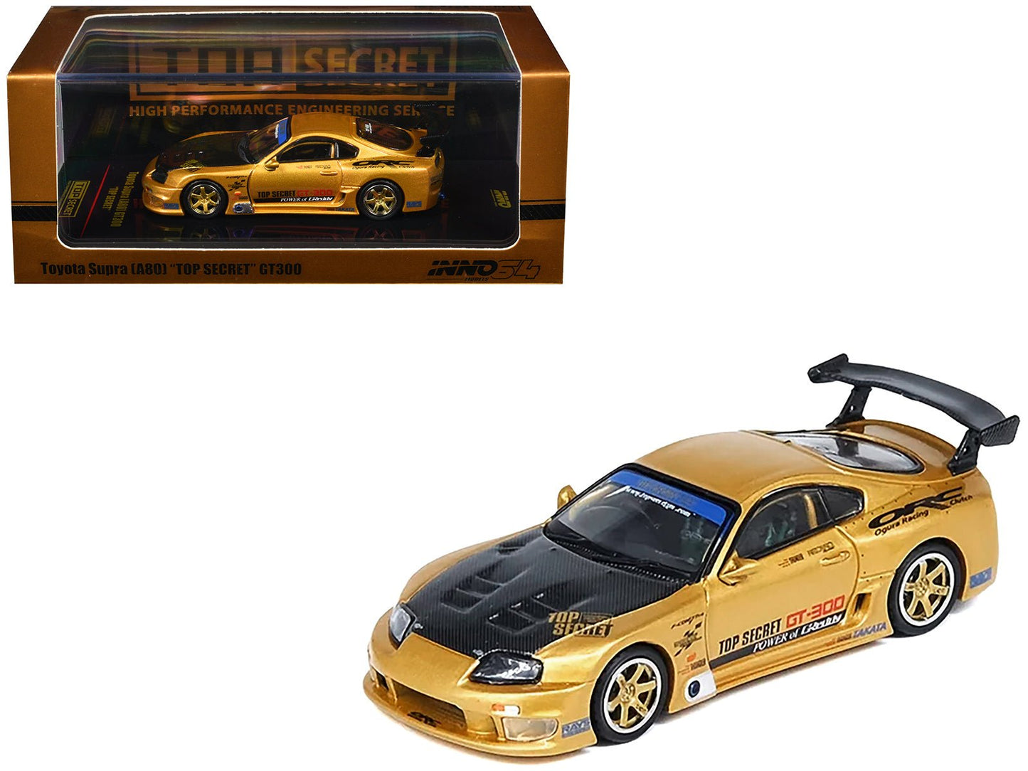 Toyota Supra (A80) "Top Secret" GT300 RHD (Right Hand Drive) Gold Metallic with Carbon Hood 1/64 Diecast Model Car by Inno Models free shipping USA