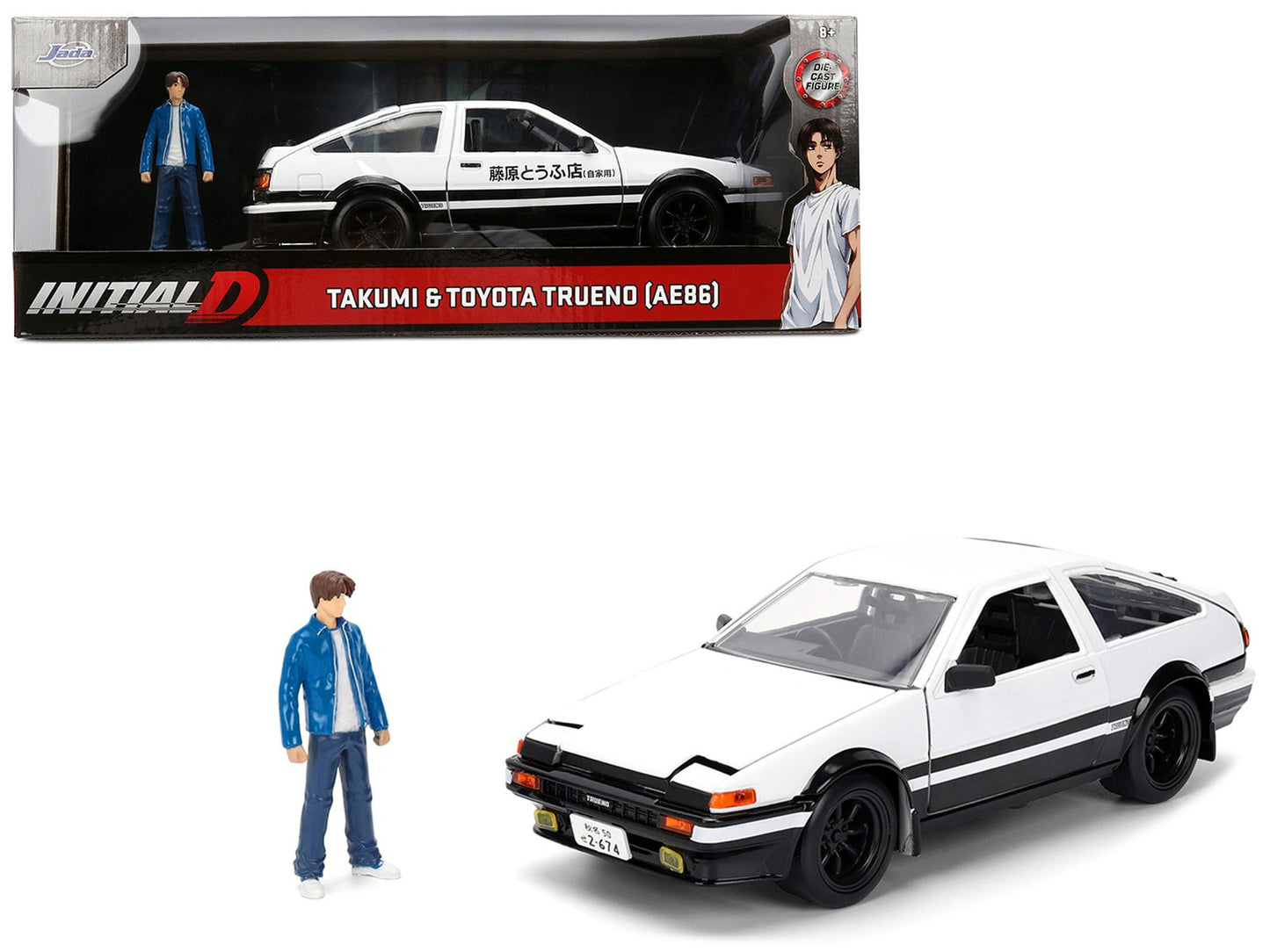 Toyota Trueno (AE86) RHD (Right Hand Drive) White and Black with Graphics and Takumi Diecast Figure "Initial D" (1998-2021) TV Series "Anime Hollywood Rides" Series 1/24 Diecast Model by Jada free shipping USA