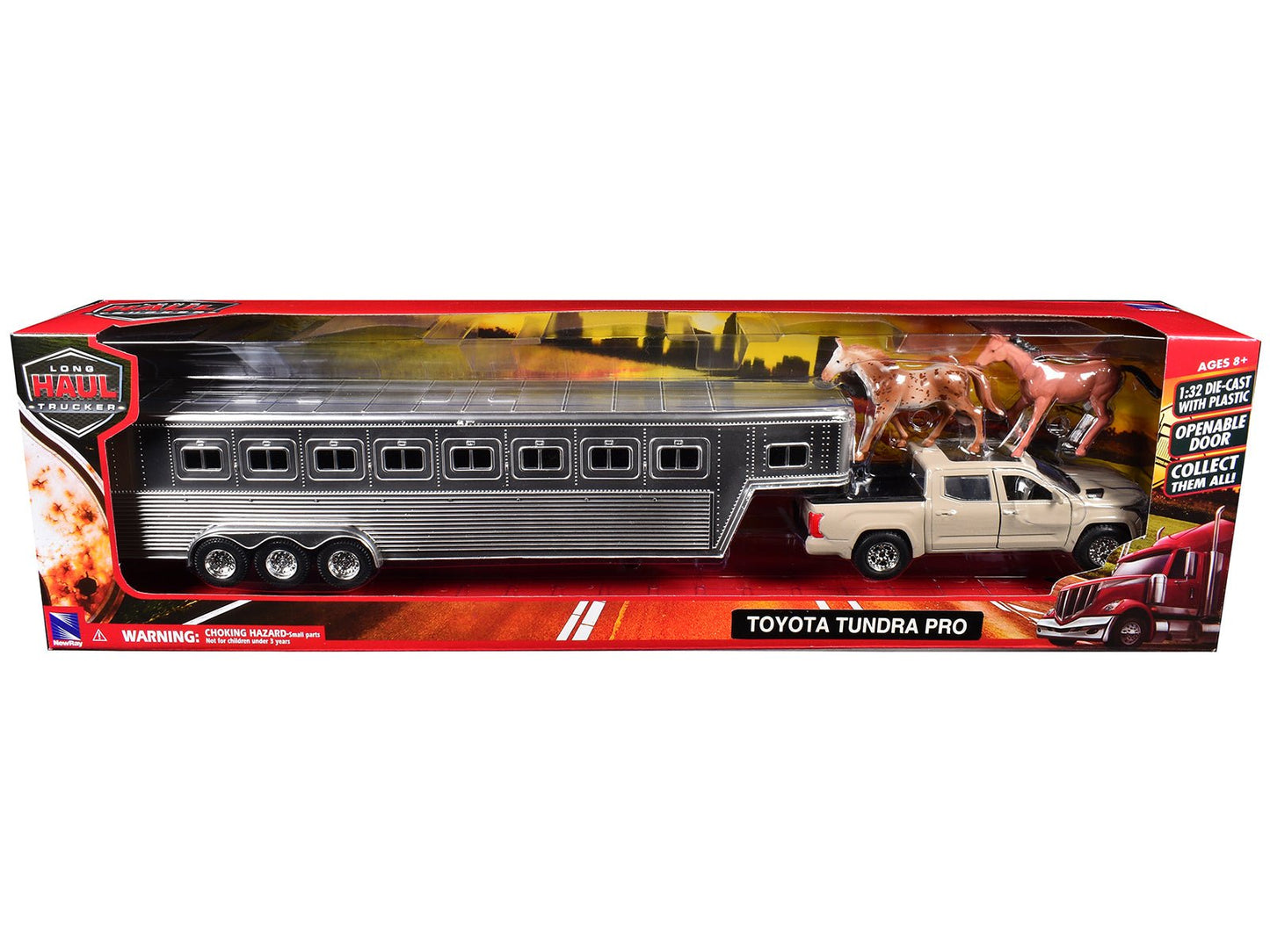 Toyota Tundra Pro Pickup Truck Beige with Horse Trailer Chrome and Horse Figures "Long Haul Truckers" Series 1/32 Diecast Model by New Ray free shipping USA
