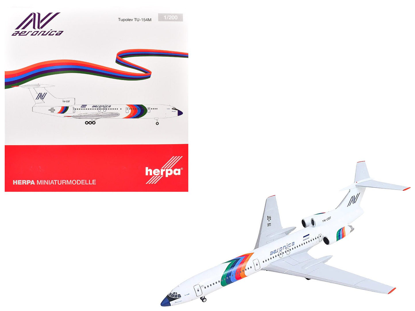 Tupolev TU-154M Commercial Aircraft "Aeronica" (YN-CBT) White with Stripes 1/200 Diecast Model by Herpa free shipping USA