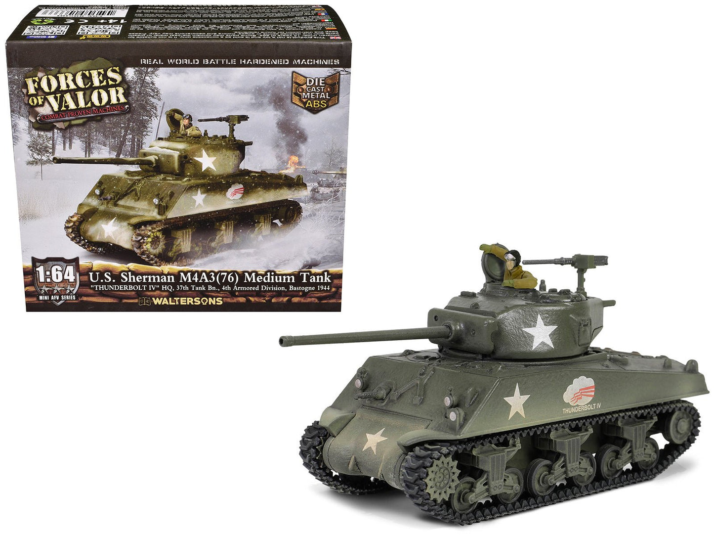 U.S. Sherman M4A3(76) Medium Tank "THUNDERBOLT IV 37th Tank Battalion 4th Armored Division Bastogne" (1944) United States Army "Mini AFV" Series 1/64 Diecast Model by Forces of Valor free shipping USA
