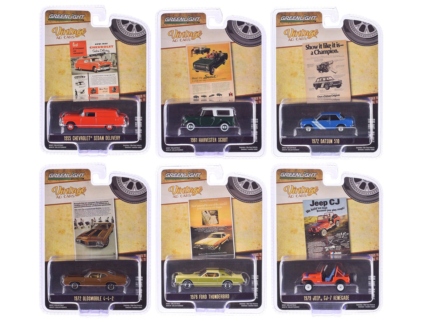 "Vintage Ad Cars" Series 11 Set of 6 pieces 1/64 Diecast Model Cars by Greenlight free shipping USA