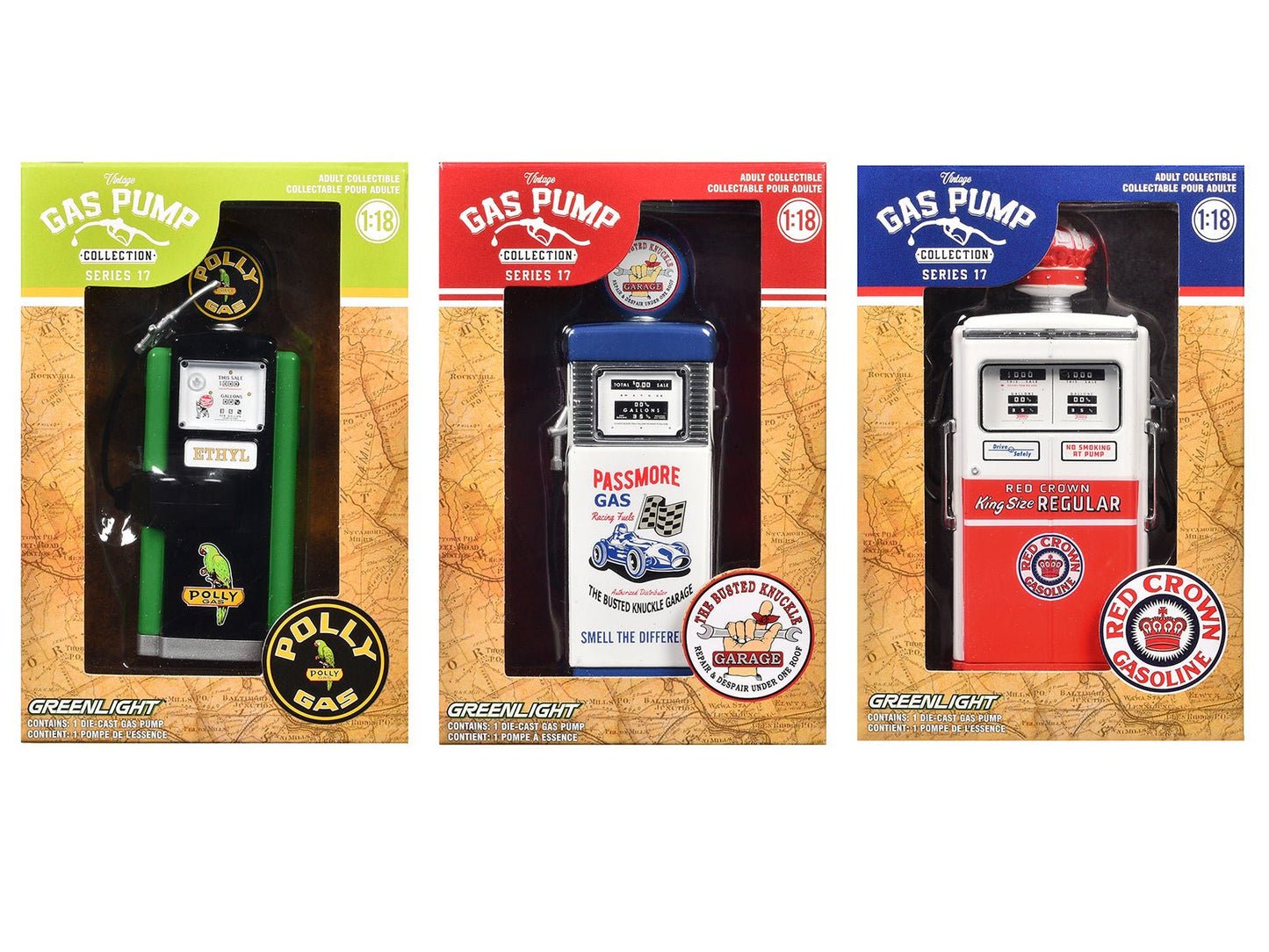 "Vintage Gas Pumps" Series 17 Set of 3 Pumps 1/18 Diecast Models by Greenlight free shipping USA