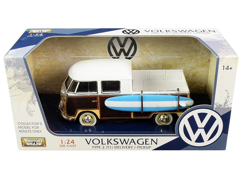 Volkswagen Type 2 (T1) Pickup White and Yellow with Wood Paneling with Surfboard 1/24 Diecast Model Car by Motormax free shipping USA