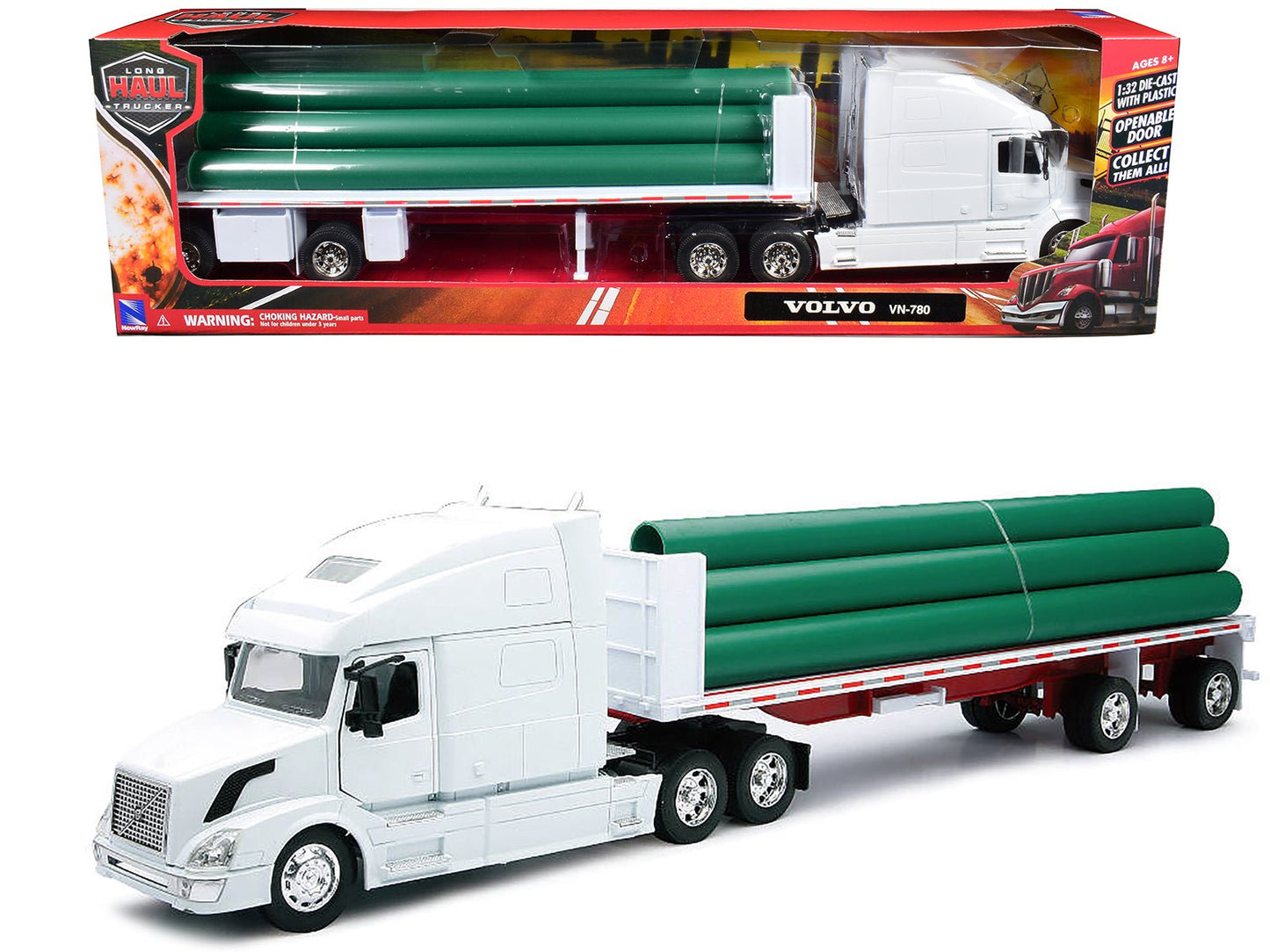 Volvo VN-780 Truck with Flatbed Trailer and Long Pipes White "Long Haul Truckers" Series 1/32 Diecast Model by New Ray free shipping USA
