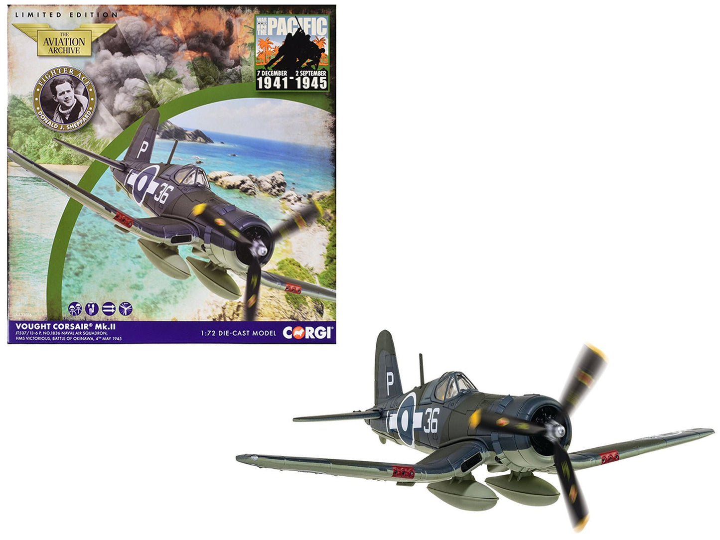 Vought Corsair Mk. II Fighter Aircraft "JT537 1836 Naval Air Squadron HMS Victorious Battle of Okinawa" (1945) British Royal Navy Fleet Air Arm "The Aviation Archive" Series 1/72 Diecast Model by Corgi free shipping USA