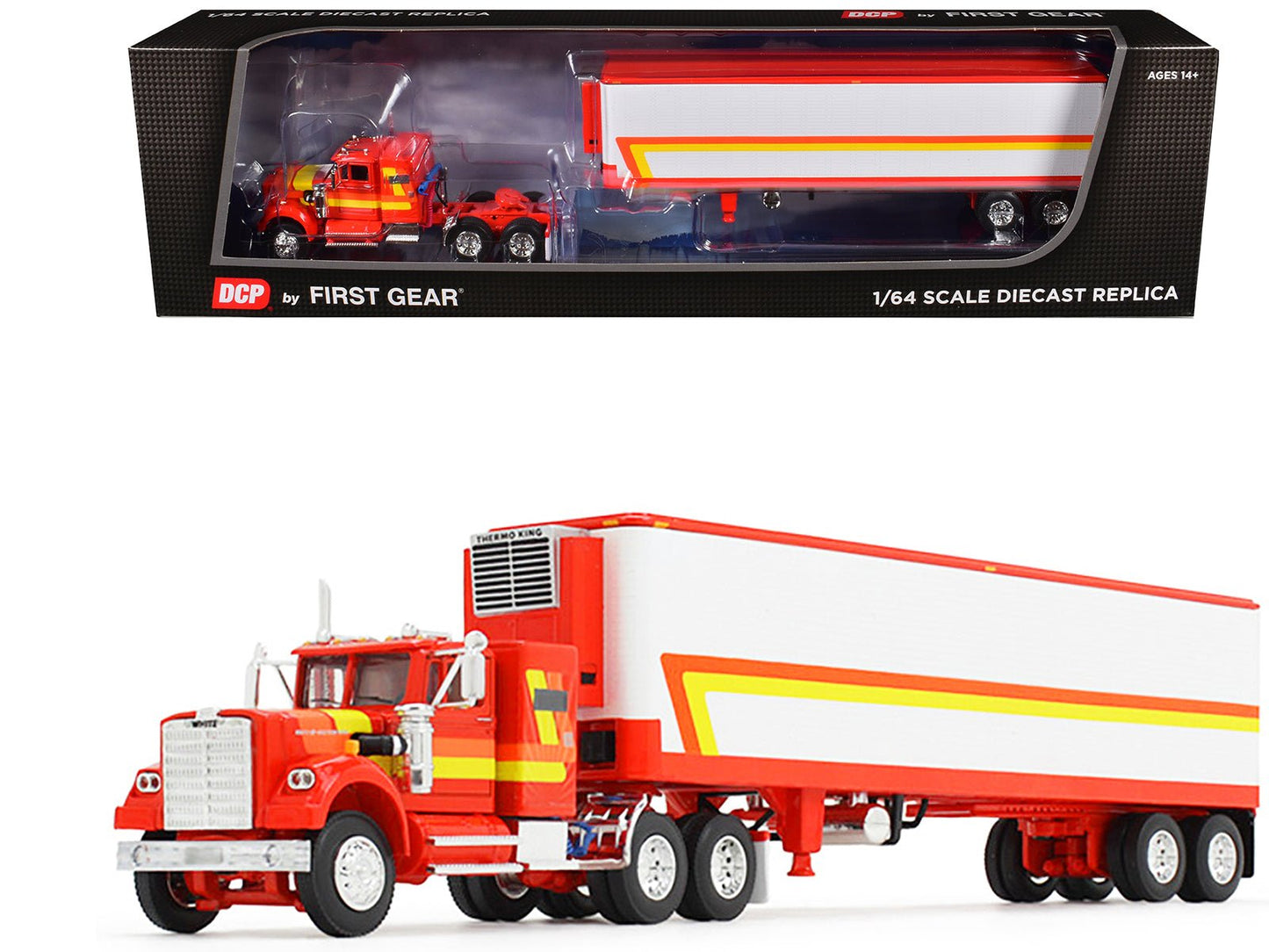 White Western Star 4900 with 36" Vintage Flat Top Sleeper and Wilson 40' Vintage Refridgerated Trailer Red and White with Stripes 1/64 Diecast Model by DCP/First Gear free shipping USA