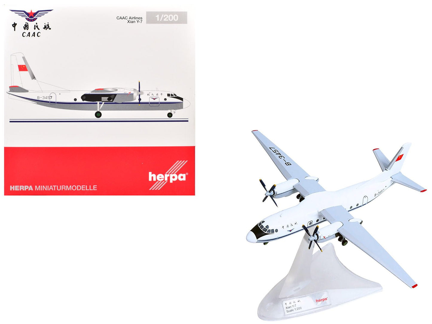 Xian Y-7 Commercial Aircraft "CAAC Airlines" (B-3457) White with Blue Stripes 1/200 Diecast Model by Herpa free shipping USA