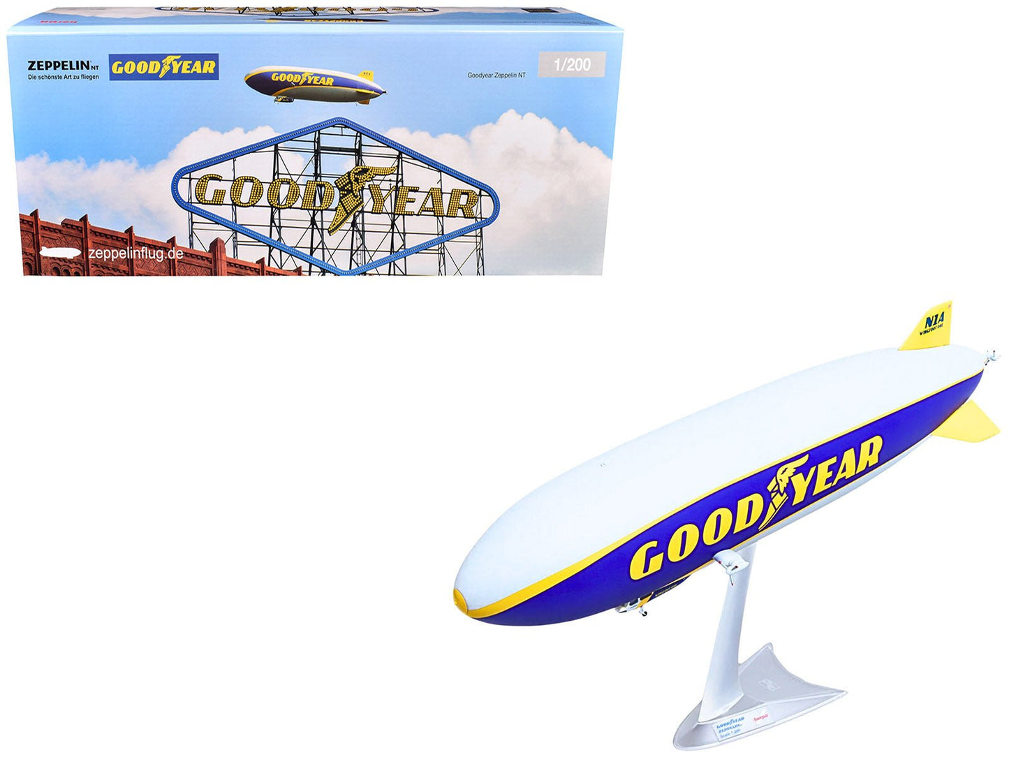 Zeppelin NT Aircraft "Goodyear Blimp - Wingfoot One" (N1A) Gray and Blue with Yellow Stripes 1/200 Diecast Model by Herpa free shipping USA