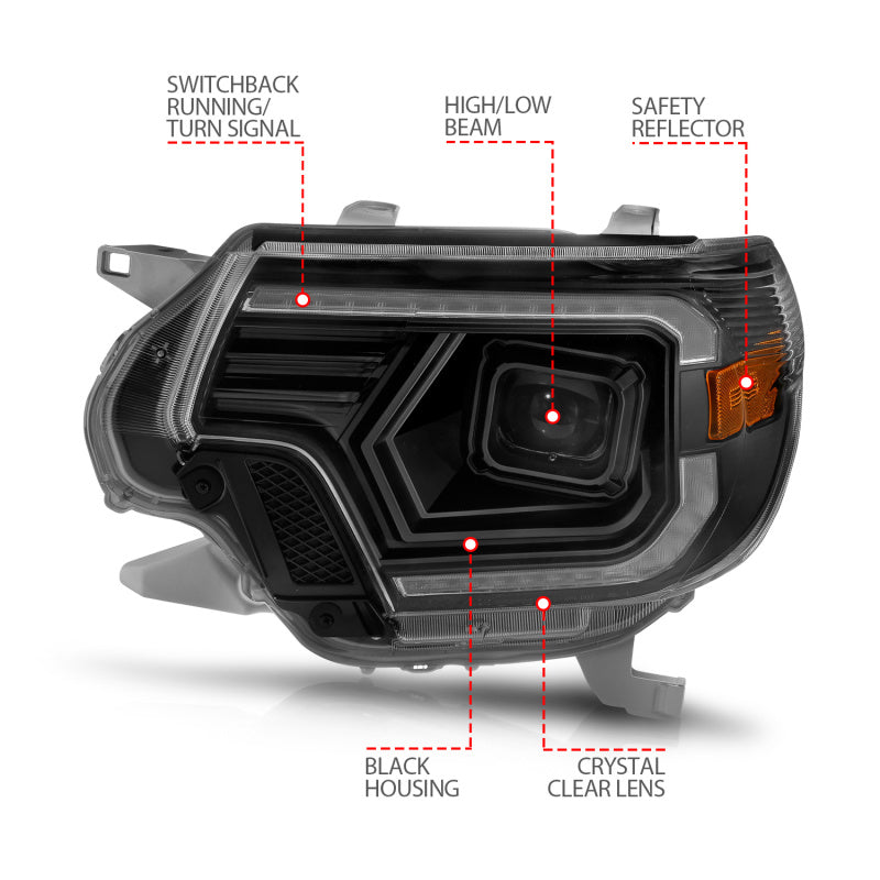 ANZO 12-15 Toyota Tacoma Projector Headlights - w/ Light Bar Switchback Black Housing 111556