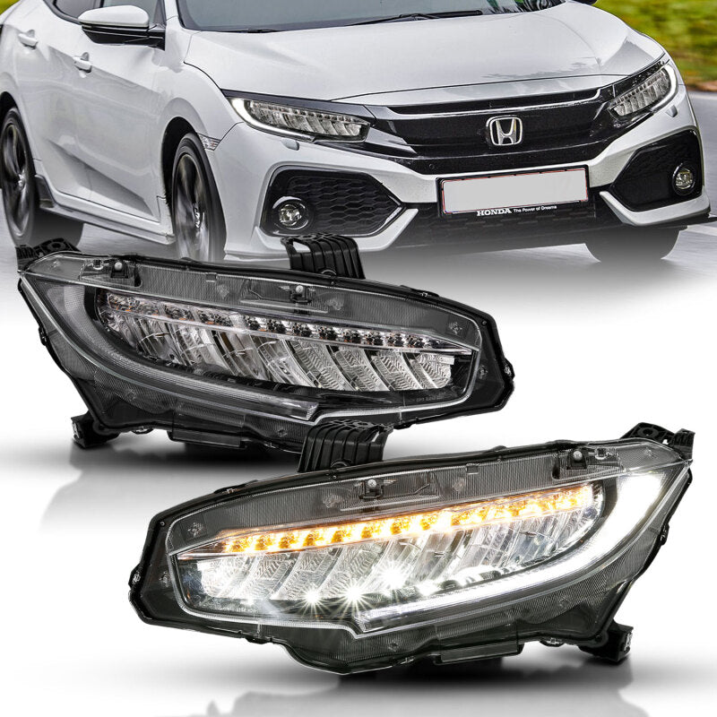 ANZO 16-17 Honda Civic Projector Headlights Plank Style Black w/Amber/Sequential Turn Signal 121527