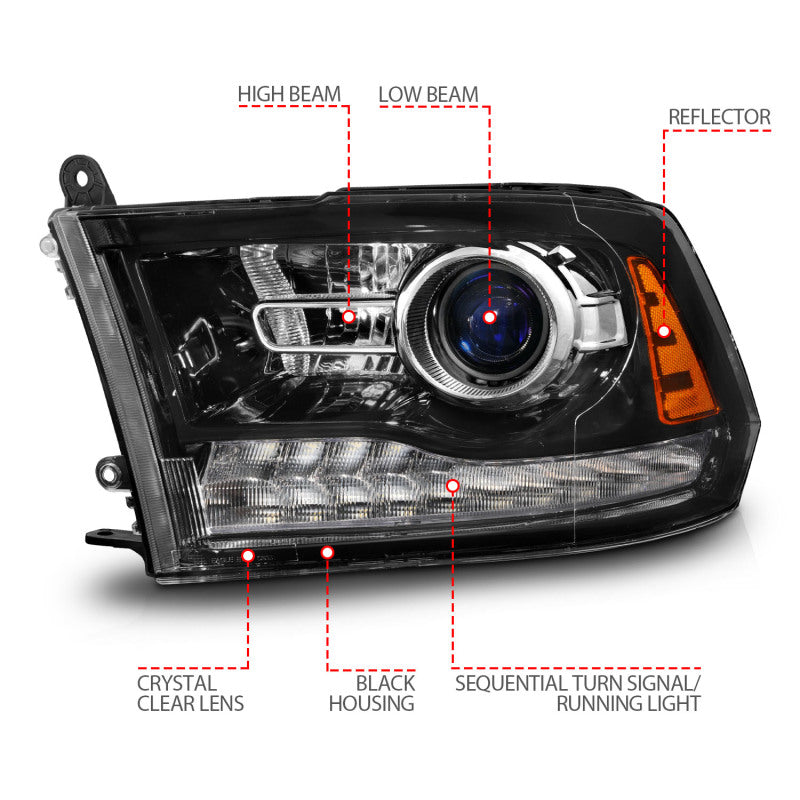 ANZO 09-18 Dodge 1500-3500 LED Plank Style Headlights w/Switchback+Sequential Hyper Black (OE Style) 111608