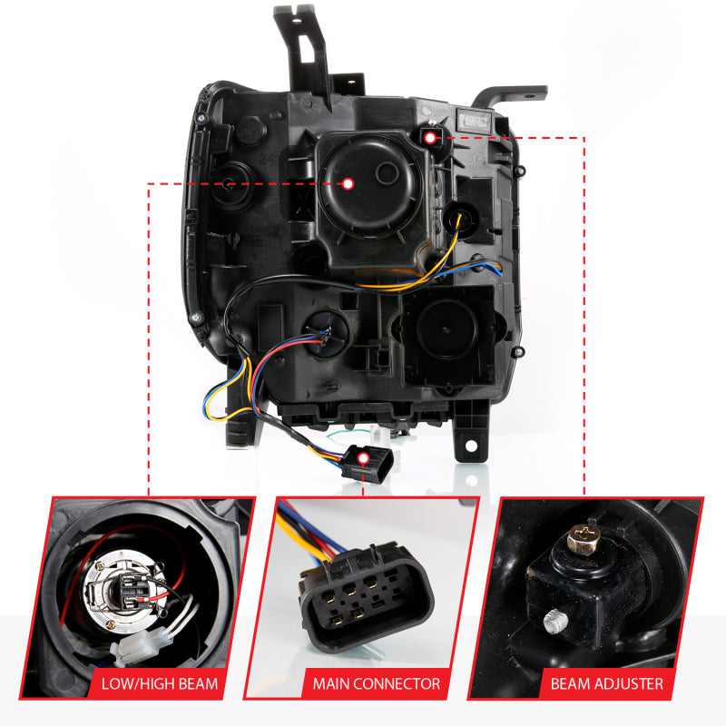 ANZO 2014-2015 Gmc Sierra 1500 Projector Headlight Plank Style Black w/ Switchback (Halogen Type) 111487
