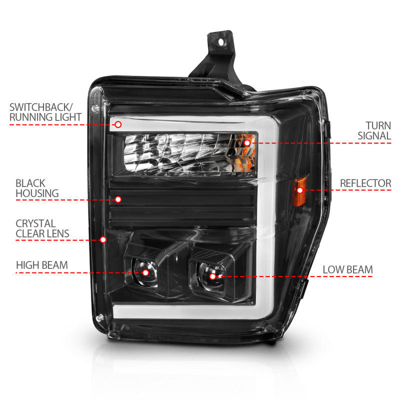 ANZO 08-10 Ford F-250 - F-550 Super Duty Projector Headlights w/ Light Bar Switchback Black Housing 111586