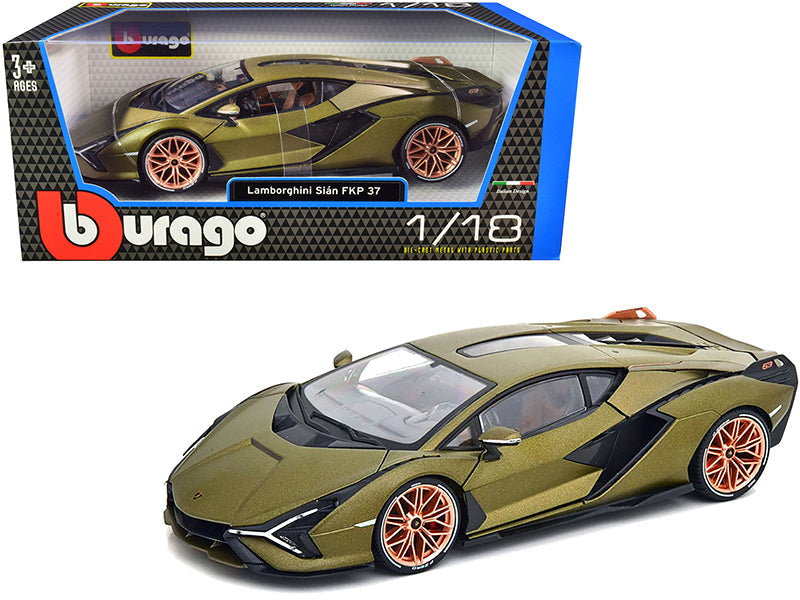 Lamborghini Sian FKP 37 Matt Green Metallic with Copper Wheels 1/18 Diecast Model Car by Bburago  free shipping USA