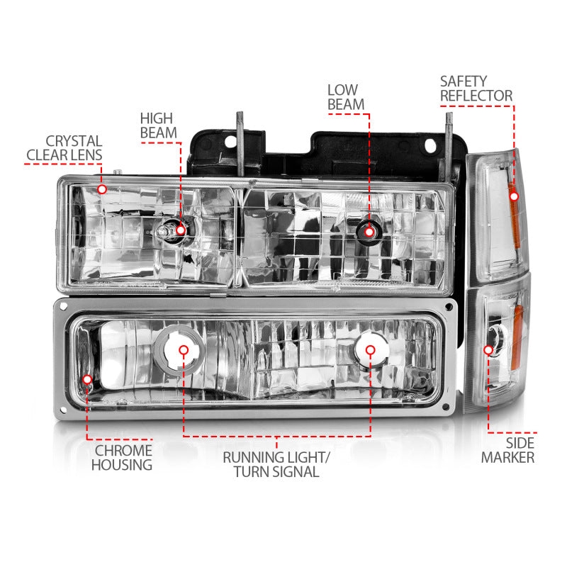 ANZO 88-98 Chevrolet C1500 Crystal Headlights Chrome w/ Signal and Side Marker Lights 111506