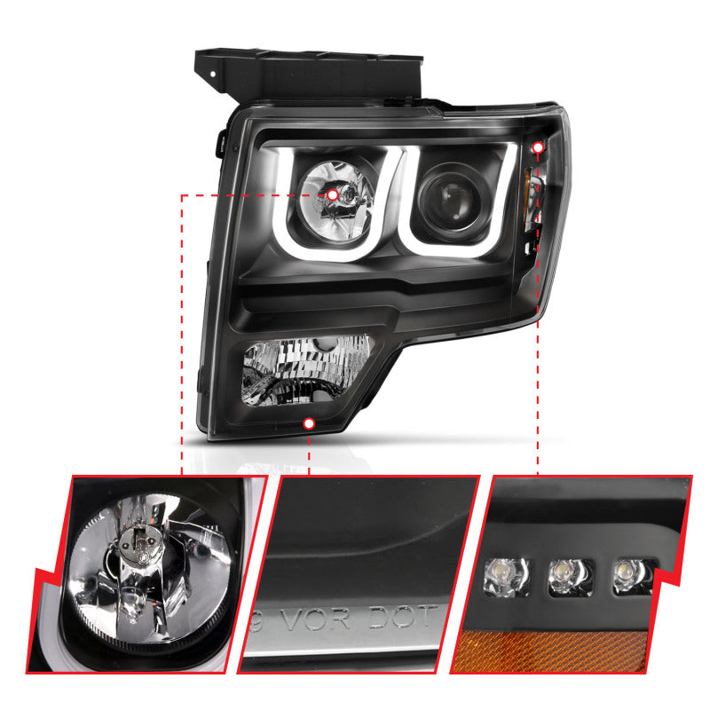 Anzo Ford F-150 09-14 Projector Switchback Headlights U-Bar Black W/ Amber