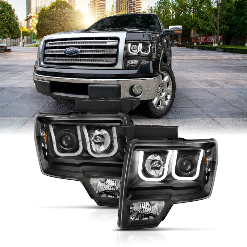 Anzo Ford F-150 09-14 Projector Switchback Headlights U-Bar Black W/ Amber