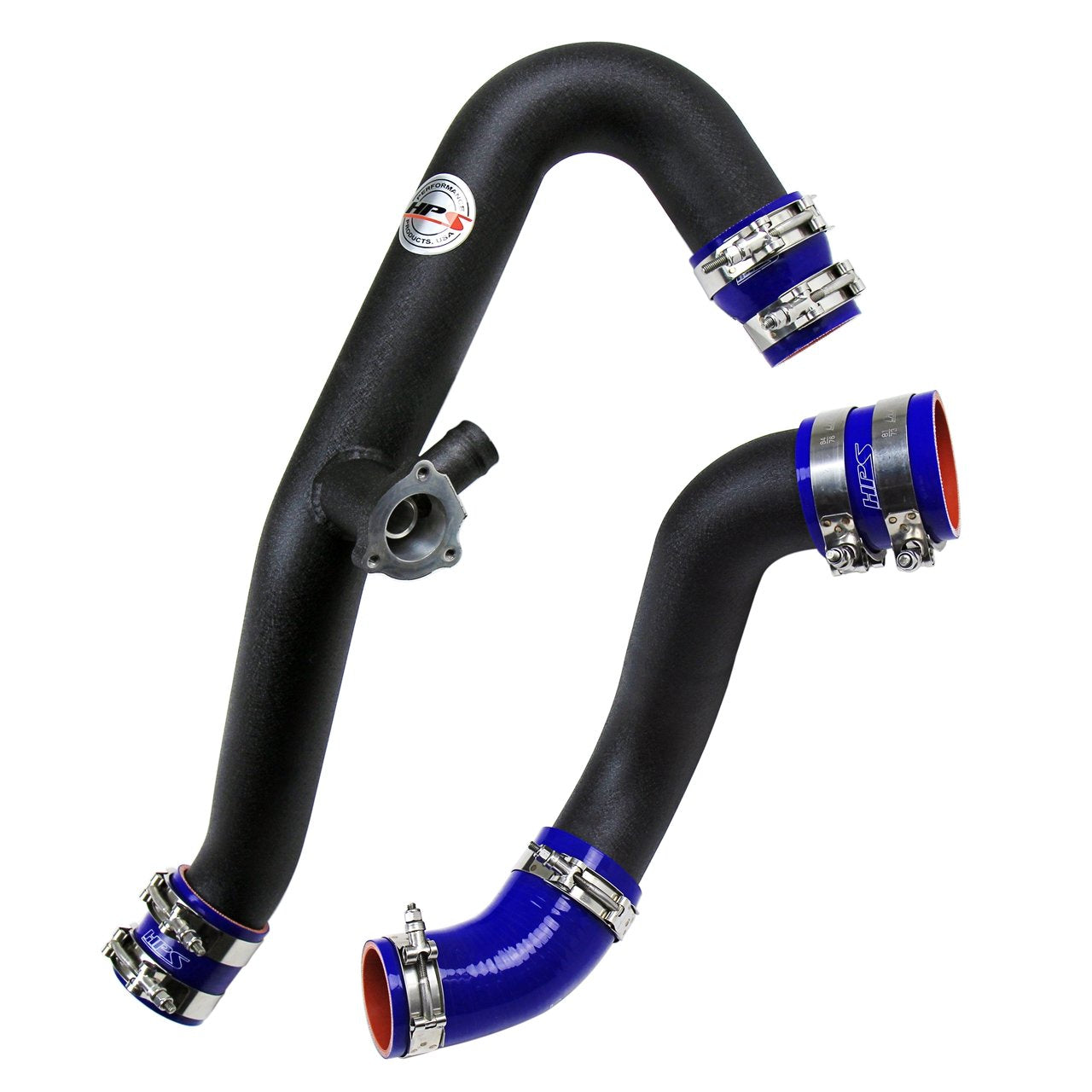 HPS Performance HPS Intercooler Hot Charge Pipe and Cold Side with Blue Hoses 15-17 Ford Mustang Ecoboost 2.3L Turbo, Black