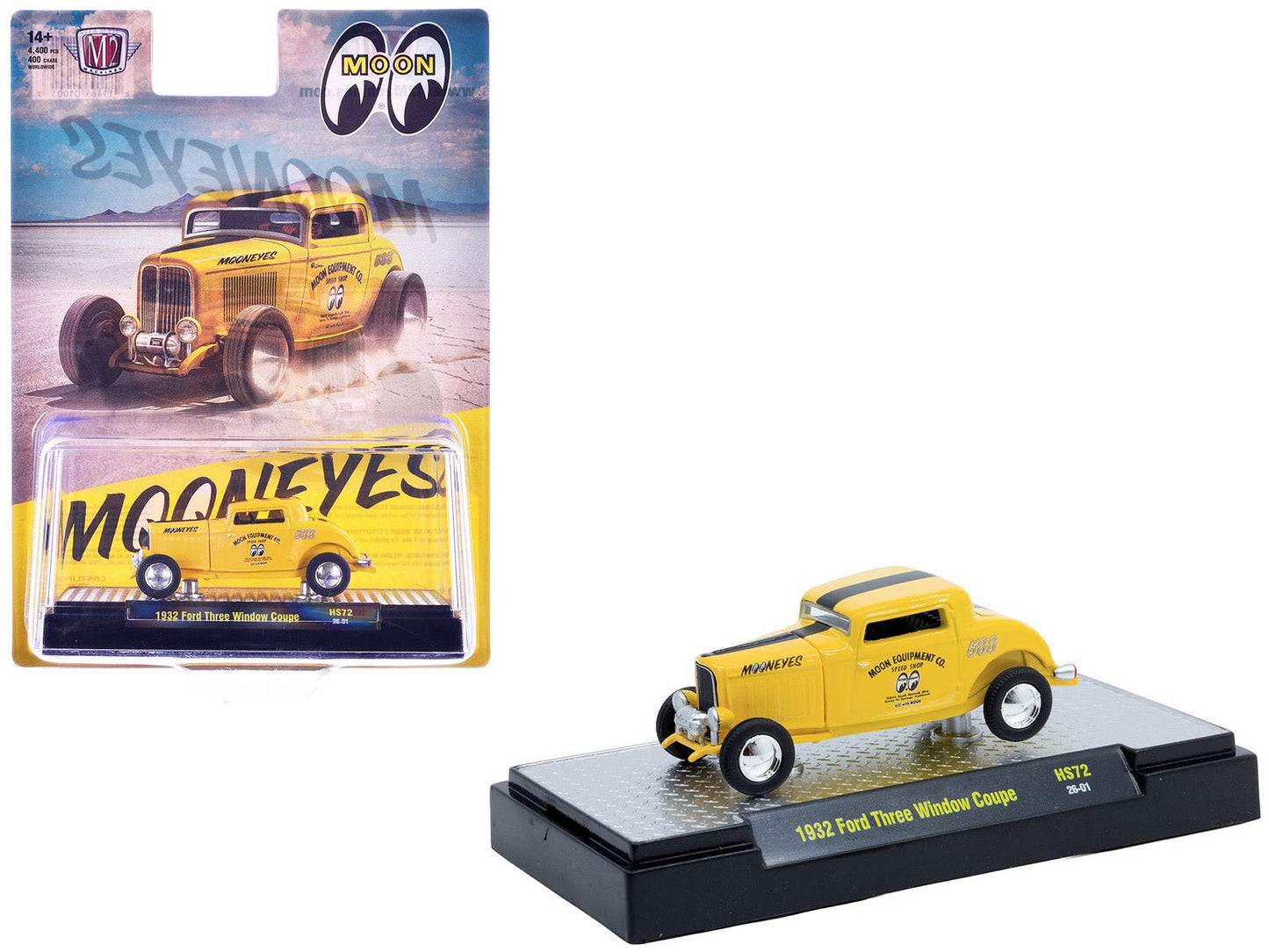 1932 Ford Three-Window Coupe "MoonEyes" Yellow with Black Stripe Limited Edition to 4400 pieces Worldwide 1/64 Diecast Model Car by M2 Machines  free shipping USA
