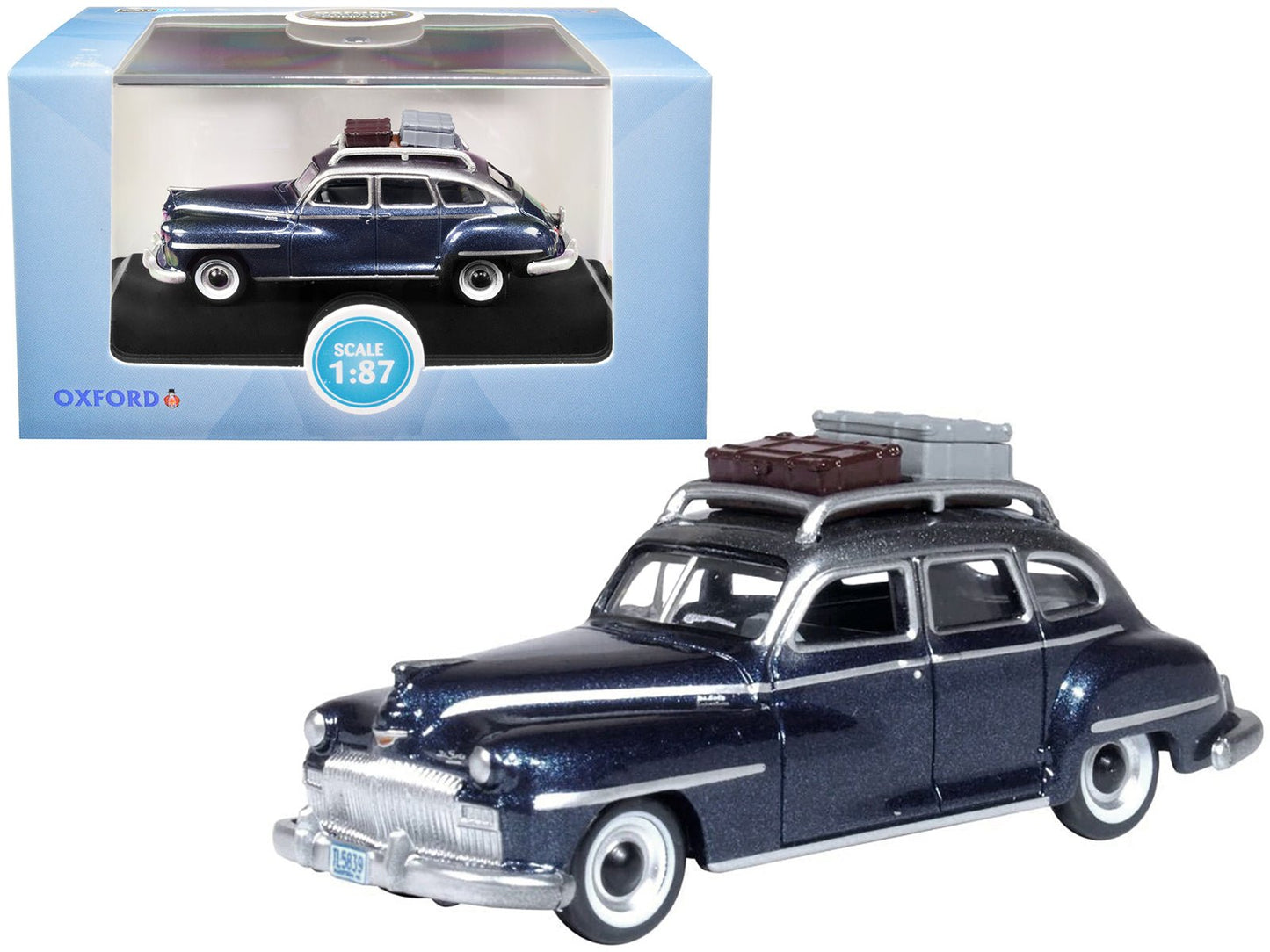 1946 DeSoto Suburban with Roof Rack and Luggage Butterfly Blue Metallic with Crystal Gray Top 1/87 (HO) Scale Diecast Model Car by Oxford Diecast  free shipping USA