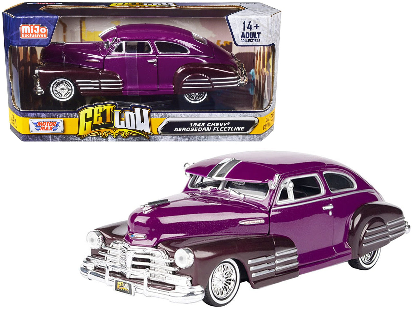 1948 Chevrolet Aerosedan Fleetside Lowrider Purple Metallic and Dark Purple Metallic Two-Tone "Get Low" Series 1/24 Diecast Model Car by Motormax  free shipping USA