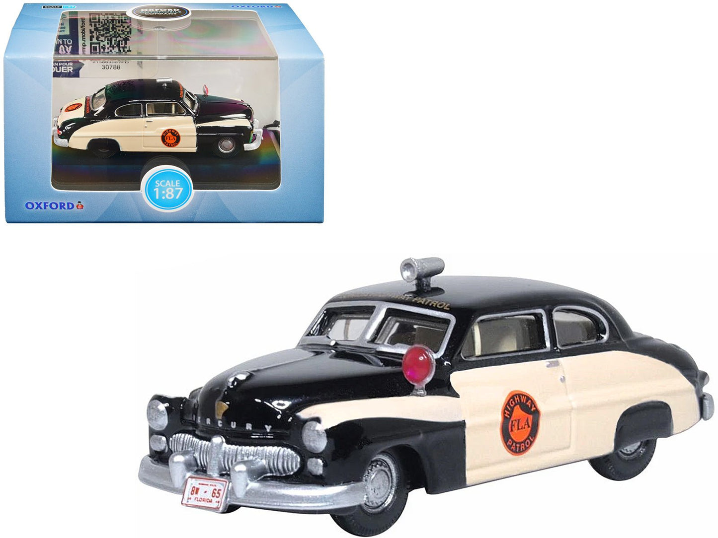 1949 Mercury Monarch Police Black and White "Florida Highway Patrol" 1/87 (HO) Scale Diecast Model Car by Oxford Diecast  free shipping USA