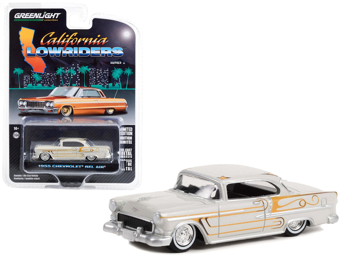 1955 Chevrolet Bel Air Custom Light Gray Metallic and Gold Graphics "California Lowriders" Series 2 1/64 Diecast Model Car by Greenlight  free shipping USA