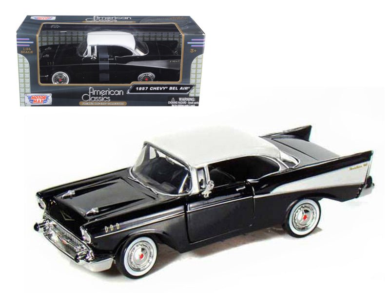 1957 Chevrolet Bel Air Black with White Top 1/24 Diecast Model Car by Motormax  free shipping USA