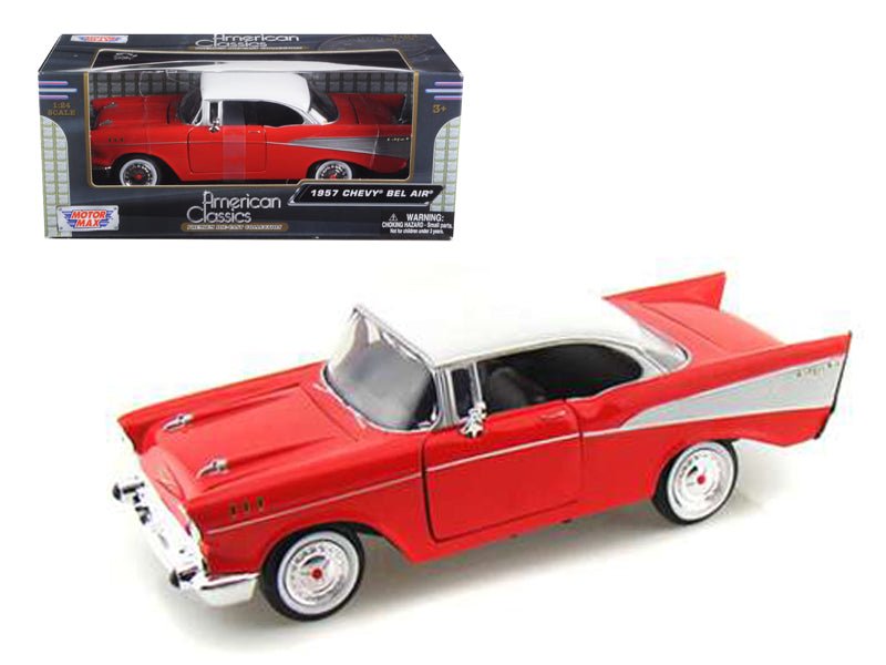 1957 Chevrolet Bel Air Red with White Top 1/24 Diecast Model Car by Motormax  free shipping USA