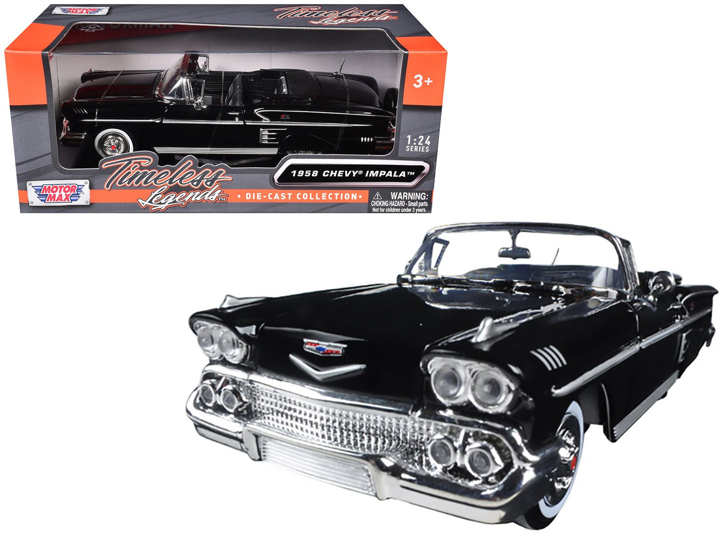 1958 Chevrolet Impala Convertible Black 1/24 Diecast Model Car by Motormax  free shipping USA