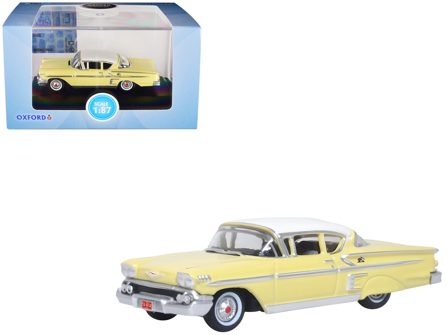 1958 Chevrolet Impala Sport Colonial Cream with Snowcrest White Top 1/87 (HO) Scale Diecast Model Car by Oxford Diecast  free shipping USA