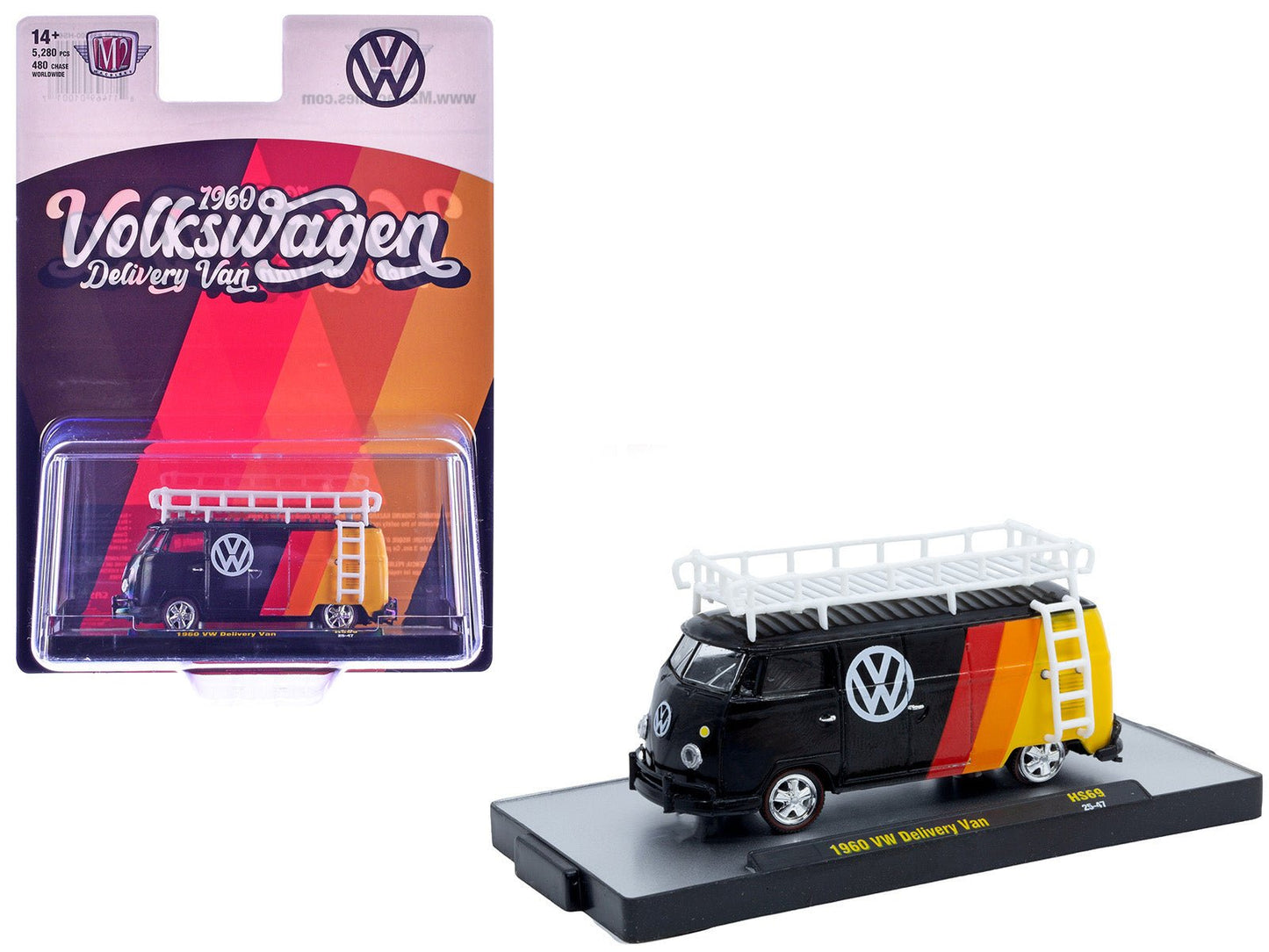 1960 Volkswagen Delivery Van Black with Stripes and White Roof Rack Limited Edition to 5280 pieces Worldwide 1/64 Diecast Model Car by M2 Machines  free shipping USA