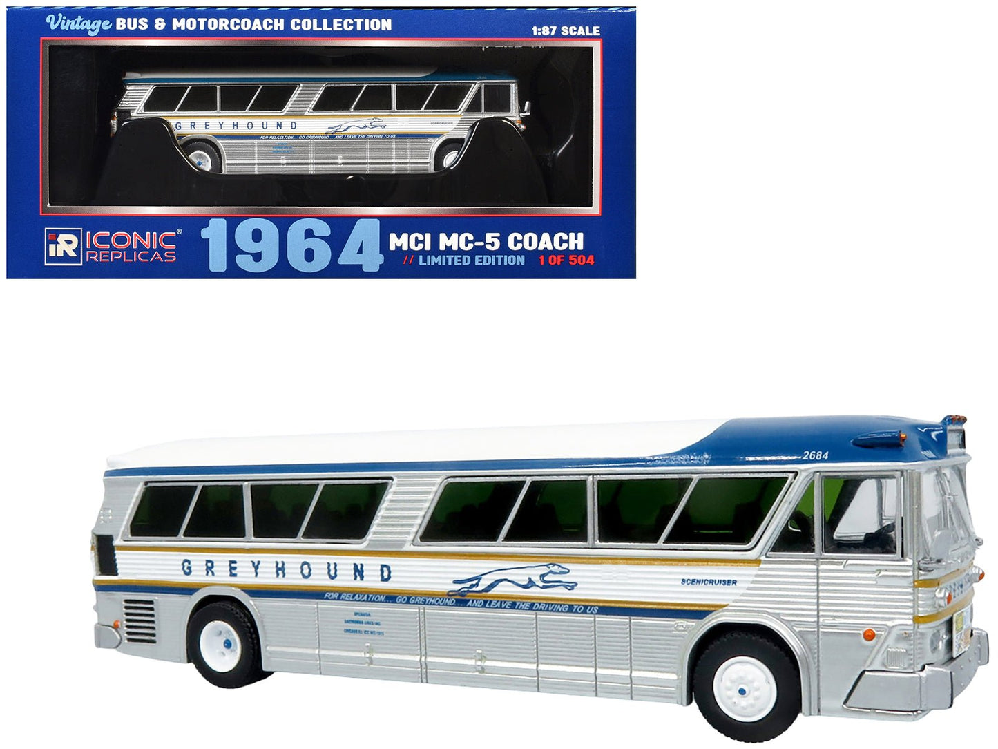 1964 MCI MC-5A Coach Bus "Greyhound Golden Anniversary" Silver with Blue and Gold Stripes "Vintage Bus & Motorcoach Collection" Limited Edition to 504 pieces Worldwide 1/87 (HO) Diecast Model by Iconic Replicas  free shipping USA