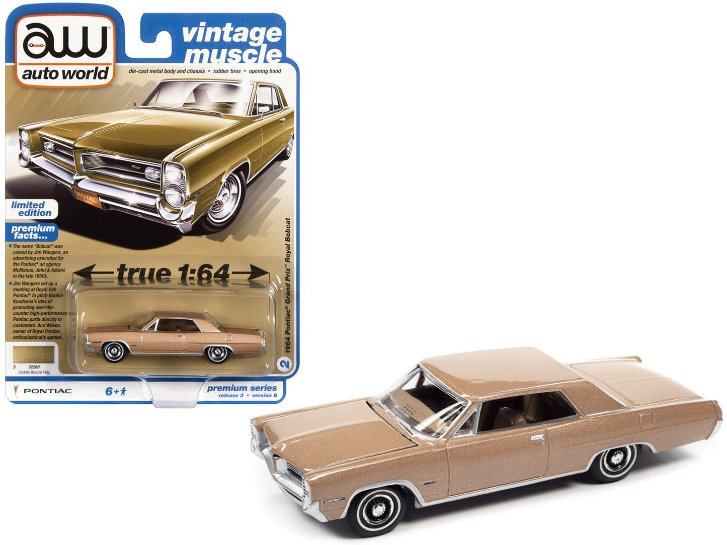1964 Pontiac Grand Prix Royal Bobcat Saddle Bronze Metallic "Vintage Muscle" Limited Edition 1/64 Diecast Model Car by Auto World  free shipping USA
