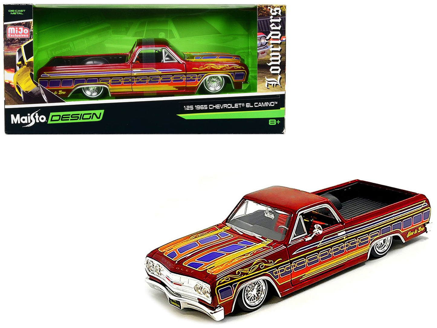 1965 Chevrolet El Camino Lowrider Candy Red Metallic with Graphics "Lowriders" Series 1/25 Diecast Model Car by Maisto  free shipping USA