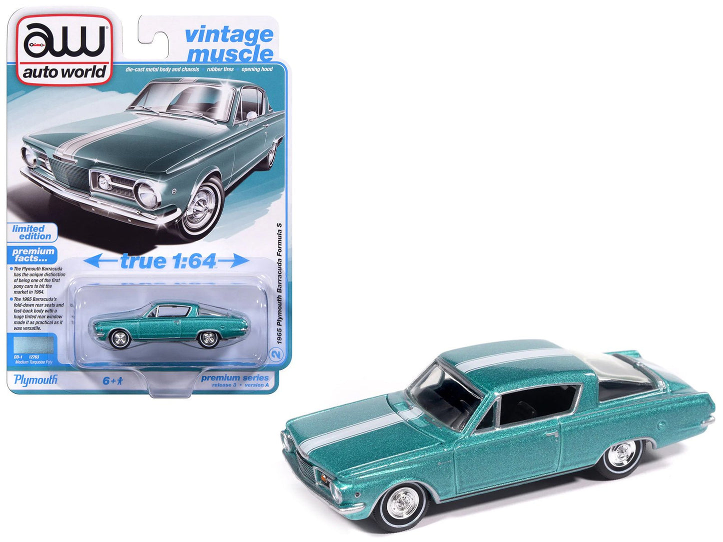 1965 Plymouth Barracuda Formula S Turquoise Metallic with White Stripe "Vintage Muscle" Series 1/64 Diecast Model Car by Auto World  free shipping USA