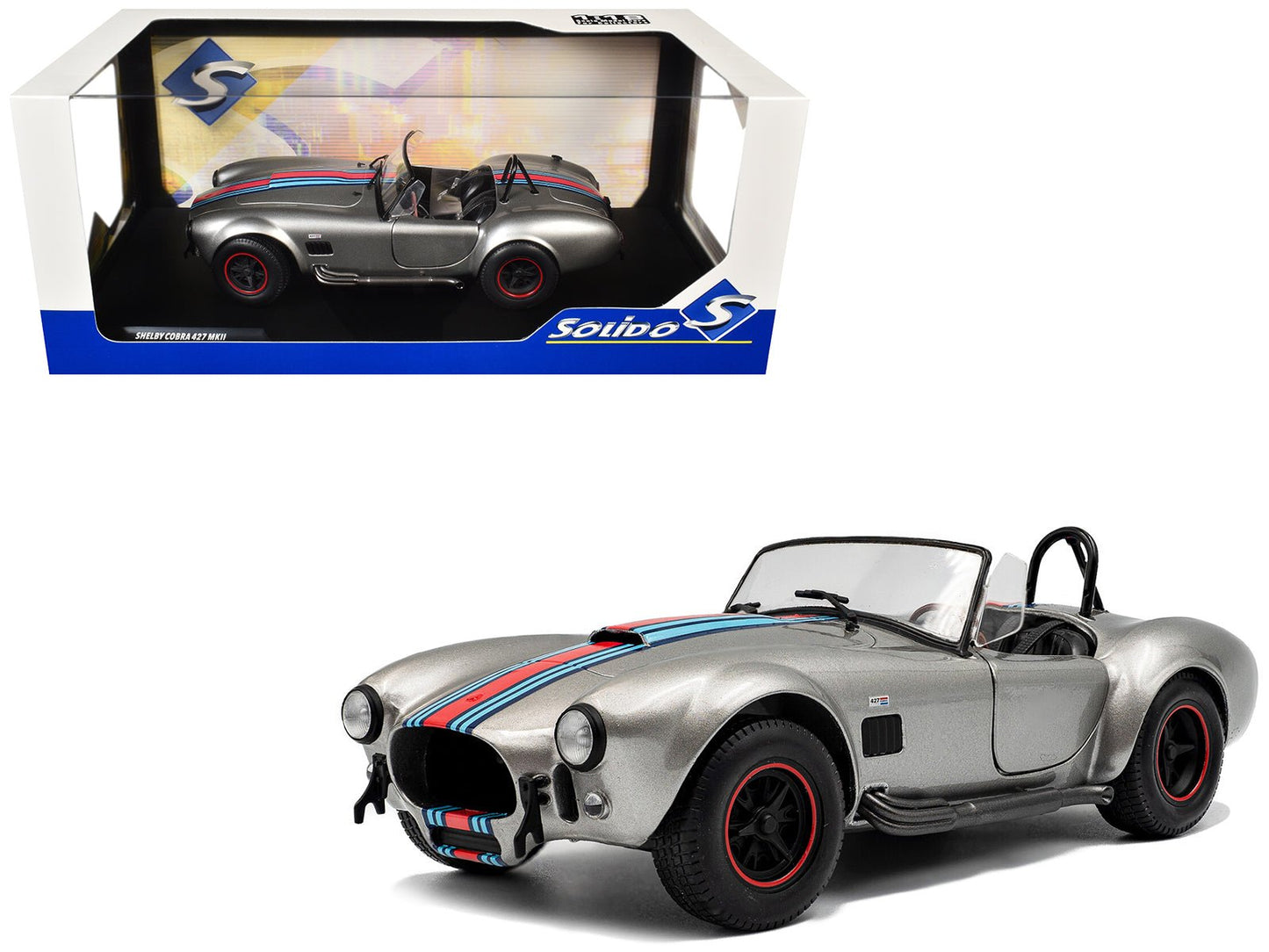 1965 Shelby Cobra 427 MKII "Solido Works M Racing Tribute" Gray Metallic with Stripes 1/18 Diecast Model Car by Solido  free shipping USA