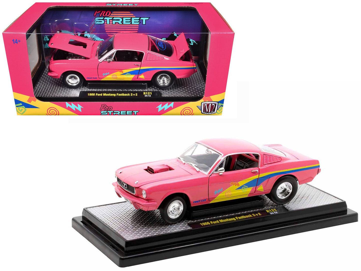 1966 Ford Mustang Fastback 2+2 Pink with Blue and Yellow Stripes "Pro Street" Limited Edition to 6250 pieces Worldwide 1/24 Diecast Model Car by M2 Machines  free shipping USA