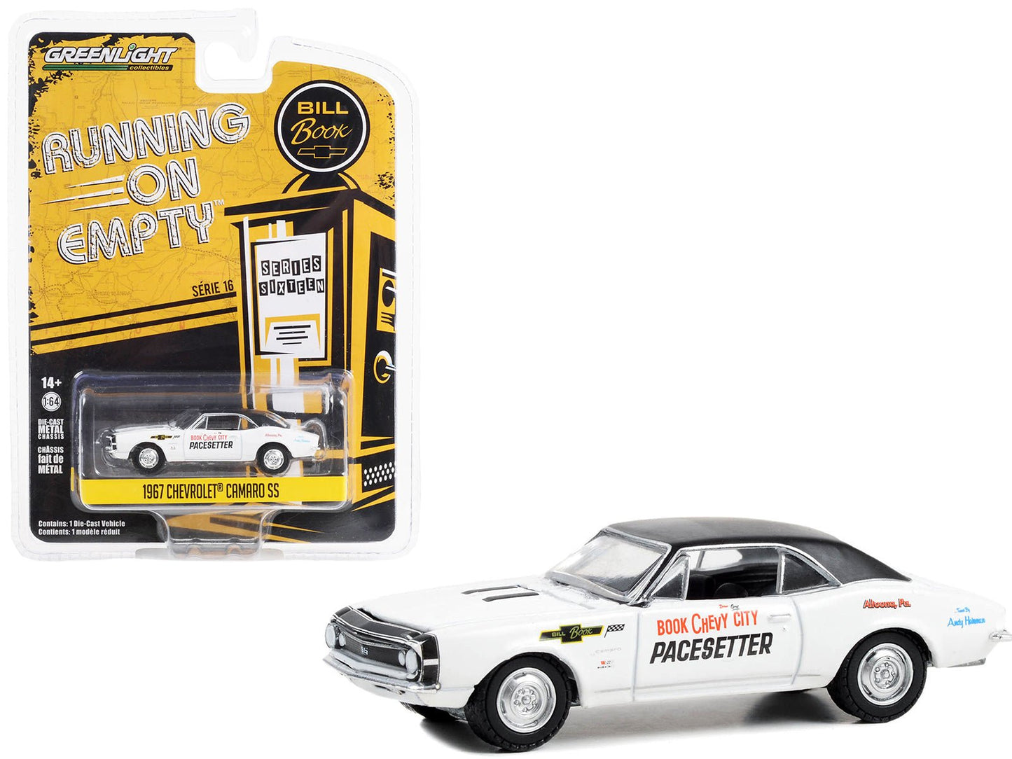1967 Chevrolet Camaro SS White with Black Top "Book City Chevy Pacesetter - Altoona Pennsylvania" "Running on Empty" Series 16 1/64 Diecast Model Car by Greenlight  free shipping USA