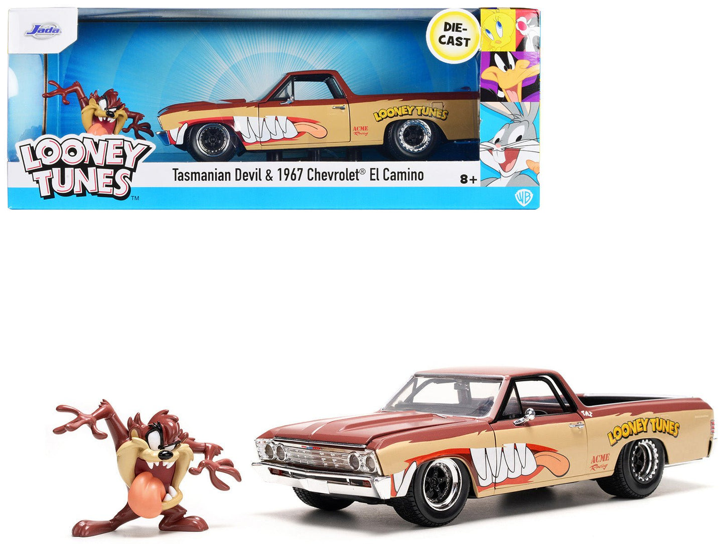 1967 Chevrolet El Camino Brown and Beige with Graphics and Tasmanian Devil (Taz) Diecast Figure "Looney Tunes" "Hollywood Rides" Series 1/24 Diecast Model Car by Jada  free shipping USA
