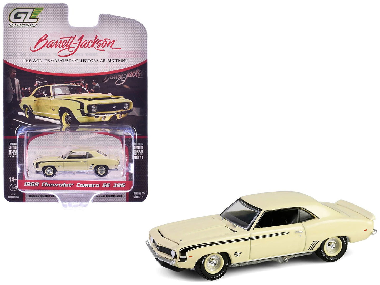 1969 Chevrolet Camaro SS 396 Butternut Yellow with Black Stripes "Barrett-Jackson" Series 15 1/64 Diecast Model Car by Greenlight  free shipping USA