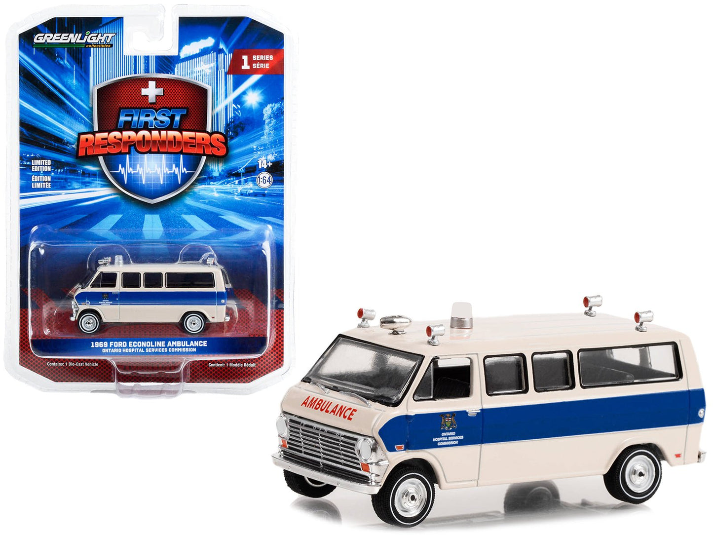 1969 Ford Econoline Ambulance Beige with Blue Stripes "Ontario Hospital Services Commission Ontario Canada" "First Responders" Series 1 1/64 Diecast Model Car by Greenlight  free shipping USA