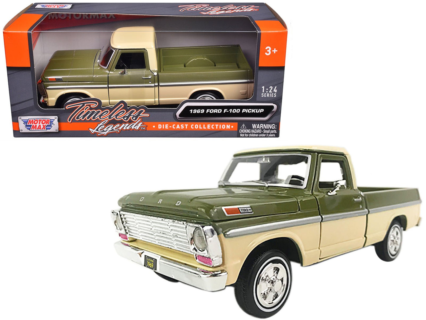 1969 Ford F-100 Pickup Truck Light Green and Cream 1/24 Diecast Model Car by Motormax  free shipping USA